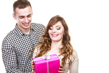 couple in love with pink gift box