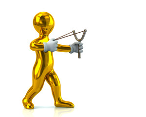 Golden man aiming slingshot