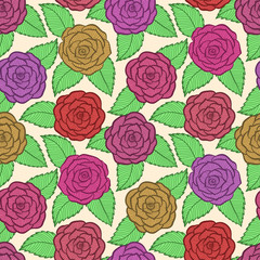 seamless pattern in roses and leaves lace. Hand-drawn contour lines and strokes.