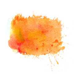 Multicolor watercolor strokes texture. Saturate orange and yellow autumn colors. Artistic background with canvas texture. Abstract paint stain with spray and drops of water