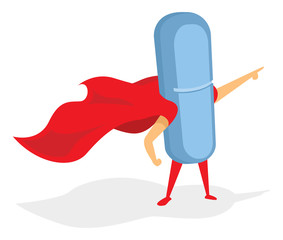 Pill or tablet drug super hero standing with cape
