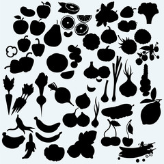 Fresh, juicy fruits and vegetables, set of harvest. Isolated on blue background. Vector silhouettes