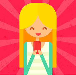 Happy blonde girl hanging pink phone. flat vector illustration with character