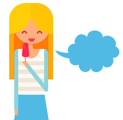 Smiling girl with blonde hair eats icecream and talk via speech bubble. flat vector illustration with character