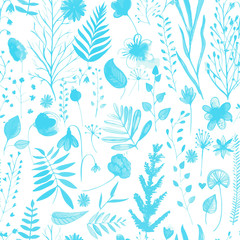 Seamless pattern with many stems, twigs and herbs. vector watercolor background