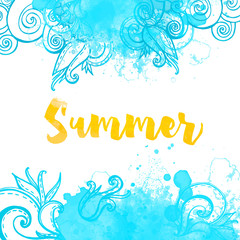 Abstract blue background with doodles and watercolor paint splashes