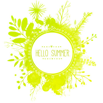 White doodle circle frame with text hello summer. Green splash background with leaves. Fresh vector design for banners, greeting cards, spring sales