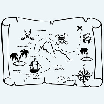 Island treasure map. Isolated on blue background. Vector silhouettes