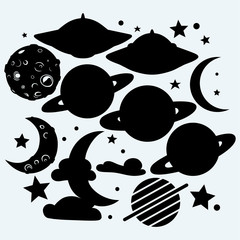 Outer space: the moon with craters, the star, the planet Saturn and UFOs. Isolated on blue background. Vector silhouettes