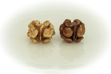 Walnuts. Two peeled walnuts with reflection in the enamel. Light and dark kernels.