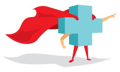 Medical health cross super hero with cape bravely pointing forwa