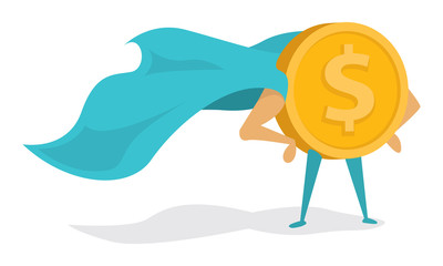 Money super hero or heroic gold coin standing with cape