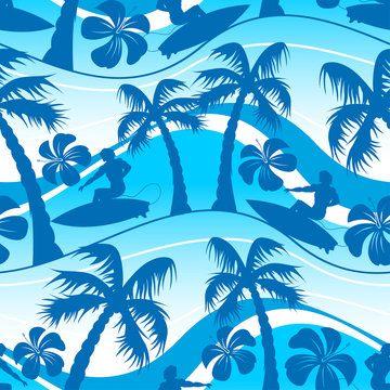 Surfer with palm tree seamless pattern