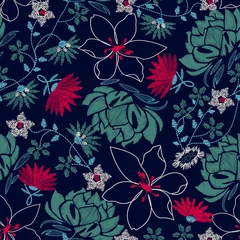 Meubelstickers Tropical embroidery lush floral design in a seamless pattern © adamfaheydesigns