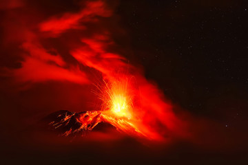 Powerful Explosion Of Tungurahua Volcano At Night