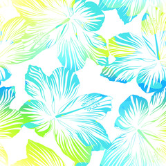 Fototapeta na wymiar Tropical flowers white seamless pattern with watercolour effect