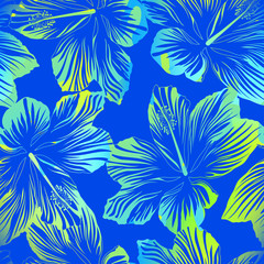 Fototapeta na wymiar Tropical flowers blue seamless pattern with watercolour effect