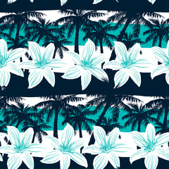 Obraz premium Tropical frangipani with palms and stripes seamless pattern