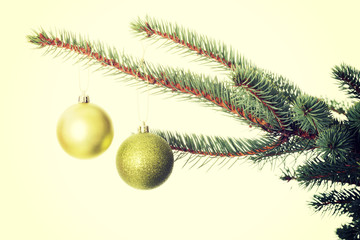Obraz na płótnie Canvas Two christmas balls hanging on a tree.