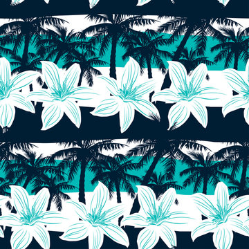 Tropical frangipani with palms and stripes seamless pattern