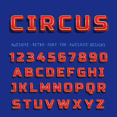 Fototapeta na wymiar Vector Retro Shiny Font with shadow. Vintage alphabet on blue background