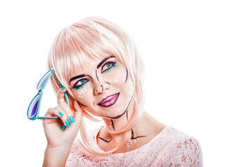Girl with sunglasses and makeup in style pop art.