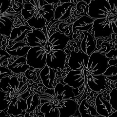 Tropical hibiscus with black background seamless pattern