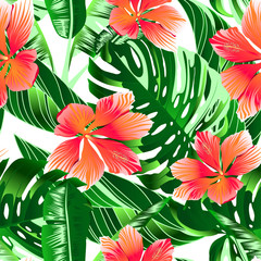 Tropical orange and pink hibiscus flowers seamless pattern
