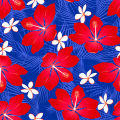 Tropical palm leaves with hibiscus flowers seamless pattern on a