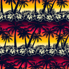 Naklejka premium Tropical palm tree at sunset with hibiscus flowers seamless patt