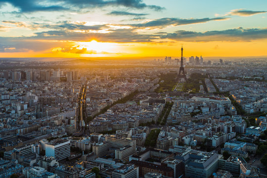 Paris Skyline At Sunset In France