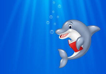Fototapeta premium Cartoon dolphin reading book with deep sea background