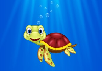 Cartoon sea turtle swimming in the ocean