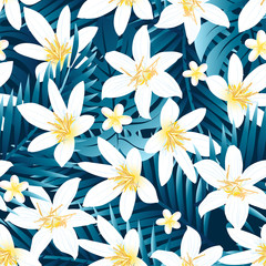 Tropical white and yellow hibiscus floral design seamless patter