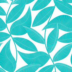 Obraz premium Turquoise and white tropical leaf seamless pattern