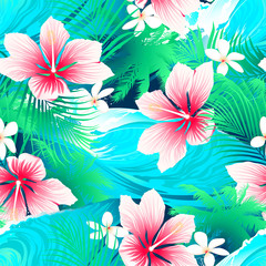 Naklejka premium Tropical white hibiscus flowers with green leaves seamless patte