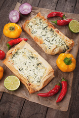 Phyllo pastry filled with cheese and spinach