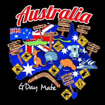 Map of Australia with nation flag and icons