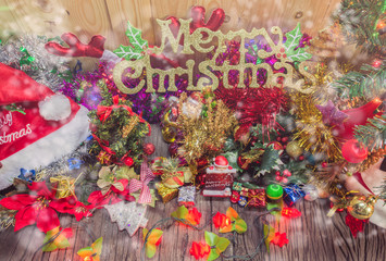 christmas ornaments and vary of decoration on wood
