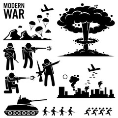 War Modern Warfare Nuclear Bomb Soldier Tank Attack Stick Figure Pictogram Icons