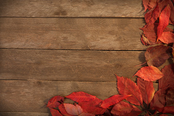 Border of red autumn leaves, on wooden background
