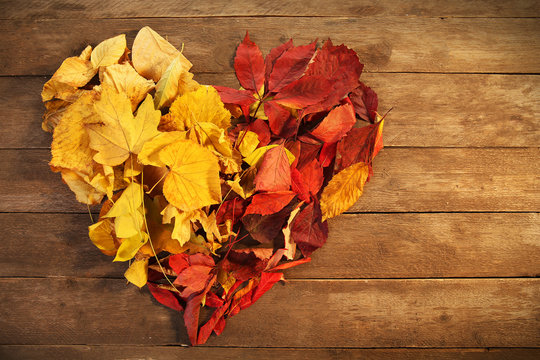 Colourful autumn leaves in the shape of heart, on wooden background