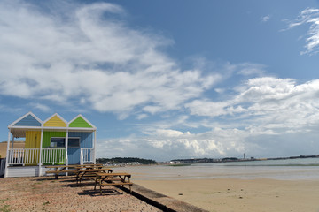 Beach huts on Saint Aubins Bay, Jersey