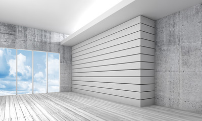 White interior with wooden floor and sky, 3d