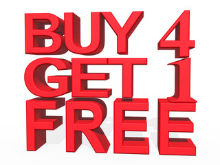 3d illustration - Buy 4 Get 1 FREE  on white background