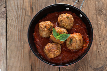 Homemade, Meatball with tomato sauce in pan. Top view.