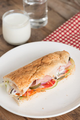 Long sandwich with chicken ham and pork ham on white plate.