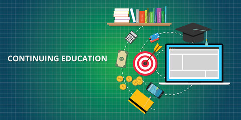 continuing education process illustrated with books, goals, target, money, and smartphone