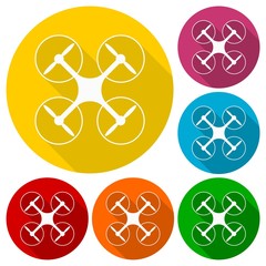 Circle vector icon for quadrocopter, silhouette quadrocopter a top view icons set with long shadow