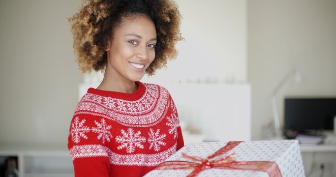 Sexy African American Woman with Christmas Gift